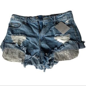 Denim Shorts w/ Sequin Pockets